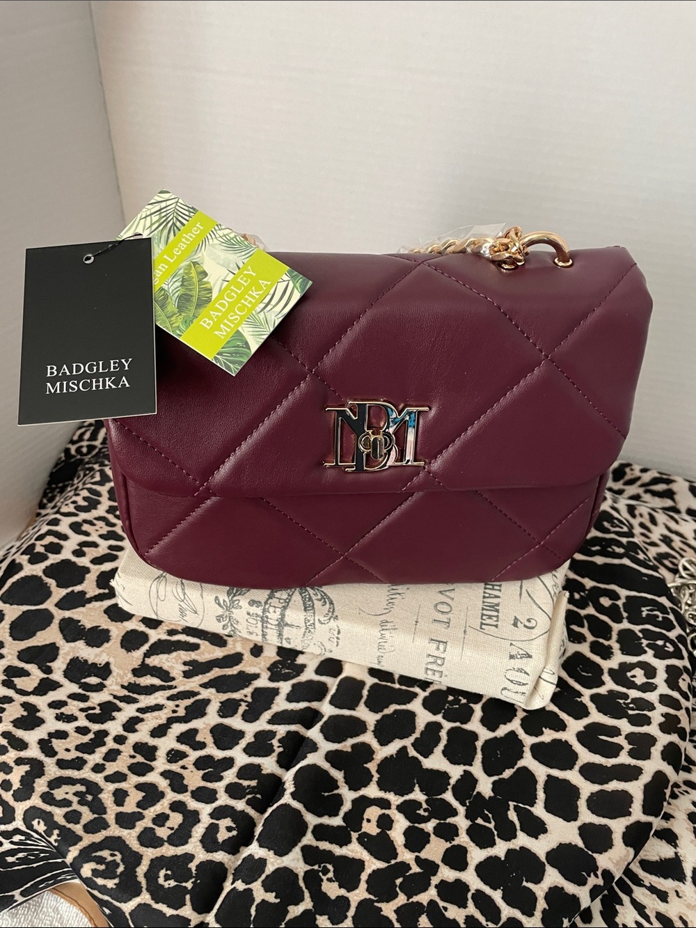 Badgley Mischka Quilted Wine Shoulder Bag with Gold Hardware Vegan Leather